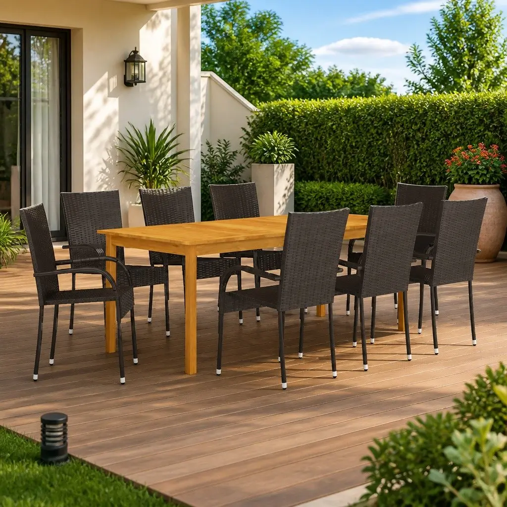 9-Piece Garden Dining Set with Rattan Chairs