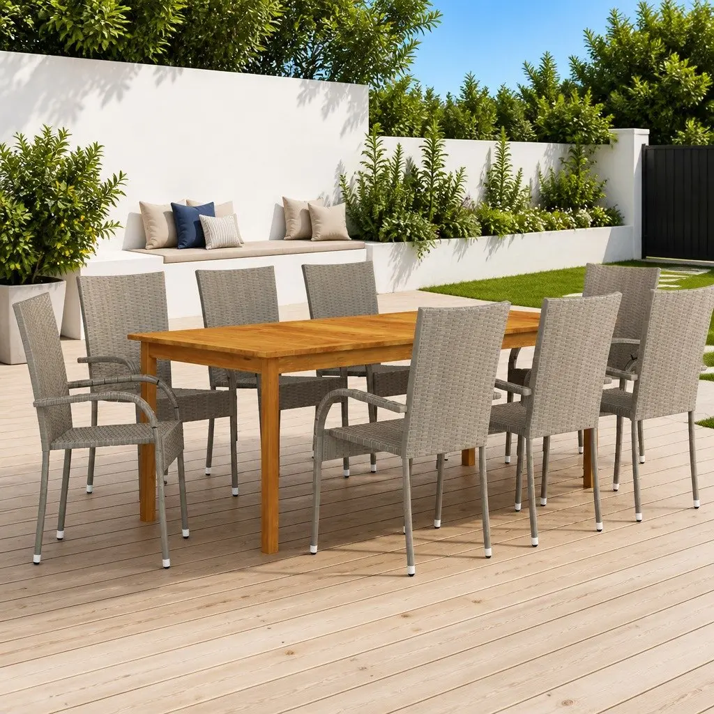 Garden Dining Set Grey 9 Piece Outdoor Furniture Table Chairs Patio Acacia