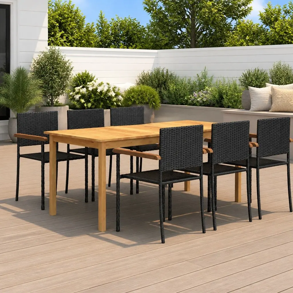 Garden Dining Set Black 7 Piece Outdoor Table Chairs Weather Resistant PE Rattan