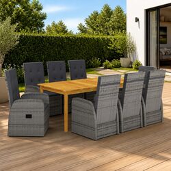 9 Piece Garden Dining Set Acacia Wood Table Rattan Chairs Grey Outdoor Furniture