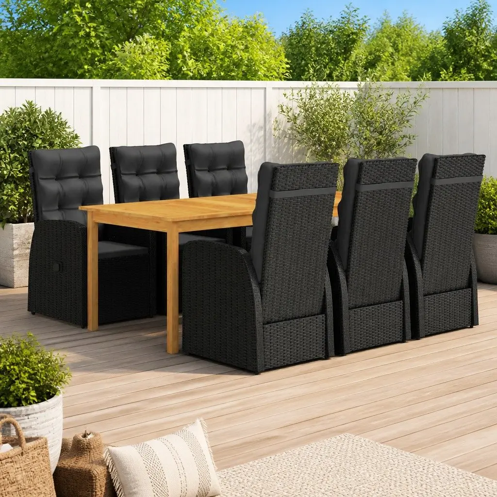7 Piece Black Garden Dining Set with Acacia Table