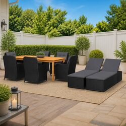 9 Piece Outdoor Dining Set Black Acacia Wood Steel Rattan Chairs Table Cushions