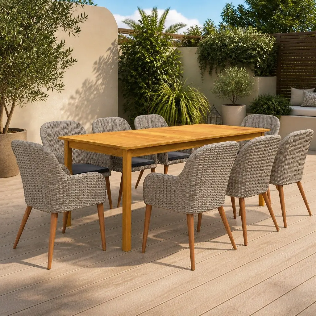 Garden Dining Set Brown 9 Piece Outdoor Furniture Acacia Wood Steel Frame Rattan