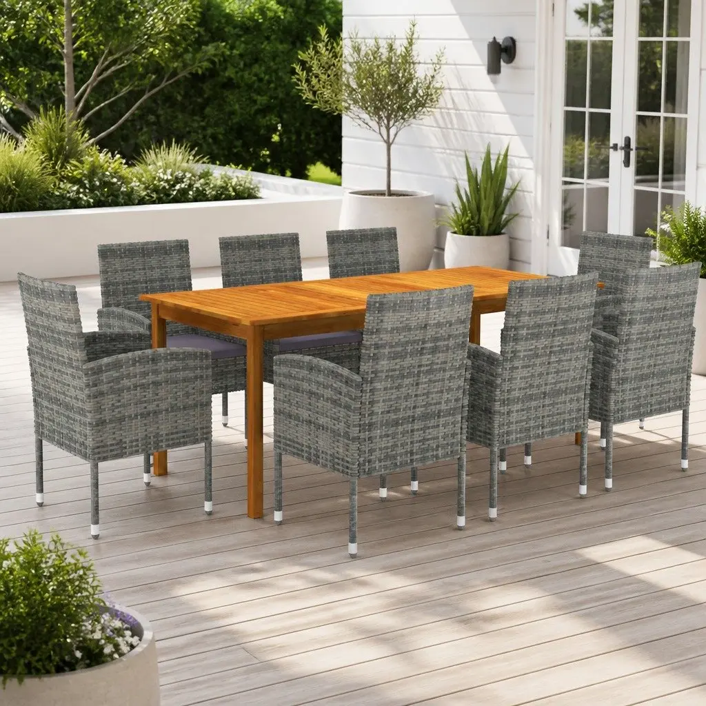 9 Piece Outdoor Garden Dining Set Grey Acacia Wood Table and Chairs with Cushions
