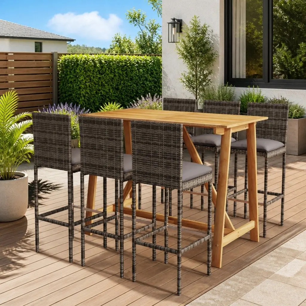 7 Piece Garden Bar Set with Cushions Grey Outdoor Patio Furniture Stool Table