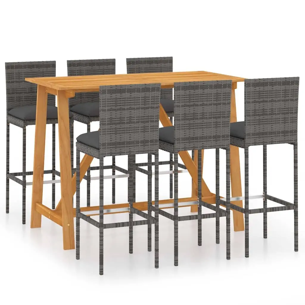 7 Piece Garden Bar Set with Cushions Grey Outdoor Patio Furniture Stool Table