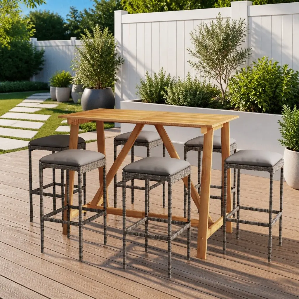 Garden Bar Set 7 Piece Outdoor Patio Furniture Grey with Cushions Stools Table