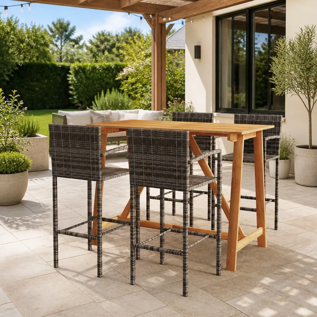 5 Piece Garden Bar Set Grey Rattan Stool Table Outdoor Patio Furniture