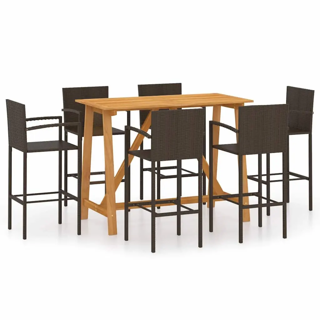 7 Piece Garden Bar Set Brown Acacia Wood Steel PE Rattan Patio Outdoor Furniture