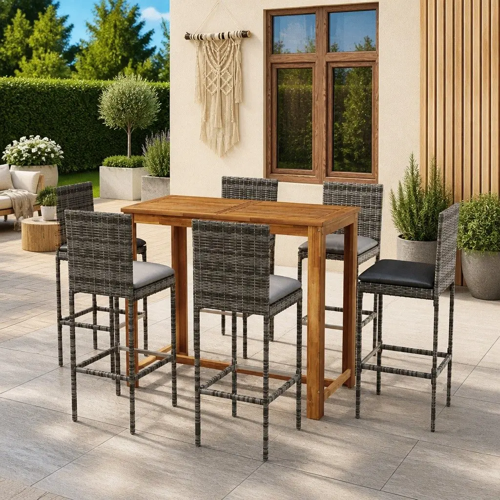 7 Piece Garden Bar Set Outdoor Patio Furniture with Seat Cushions Rattan Stools