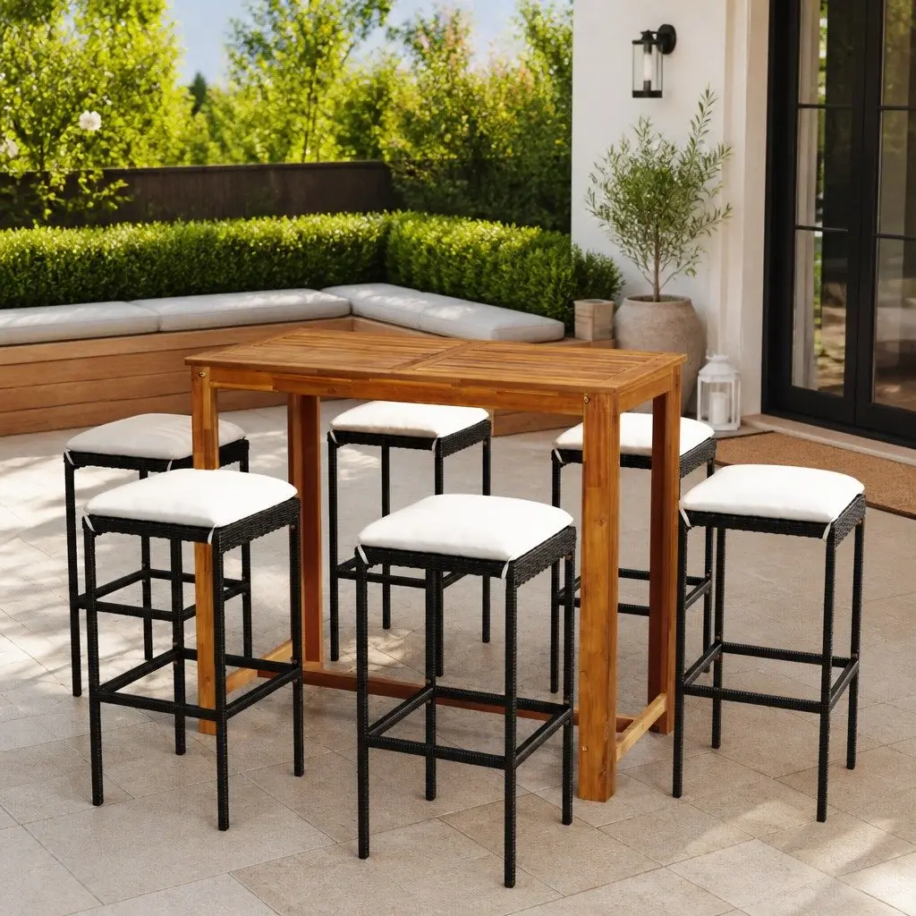 Garden Bar Set Black 7 Piece Outdoor Furniture Solid Acacia Wood Table Powder-Coated Steel Frame with Cushions
