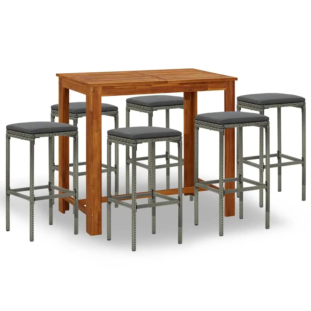 7 Piece Garden Bar Set Grey Outdoor Furniture with Removable Cushions Solid Acacia Wood Table Powder Coated Steel Frame Weather Resistant