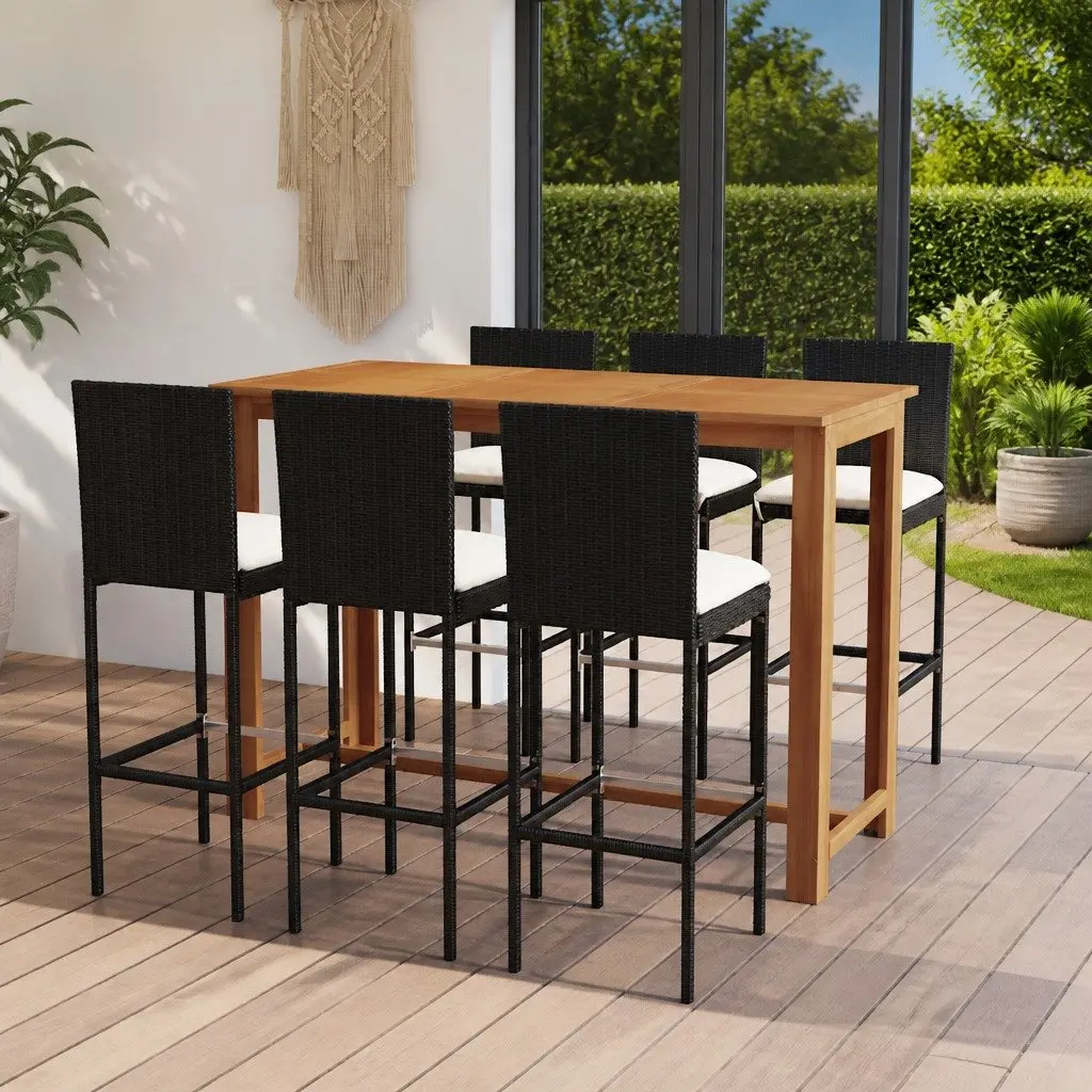 7 Piece Garden Bar Set with Cushions Black Outdoor Patio Furniture Table Stools