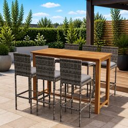 Garden Bar Set 7 Piece Outdoor Patio Furniture Grey Stools Table Cushions