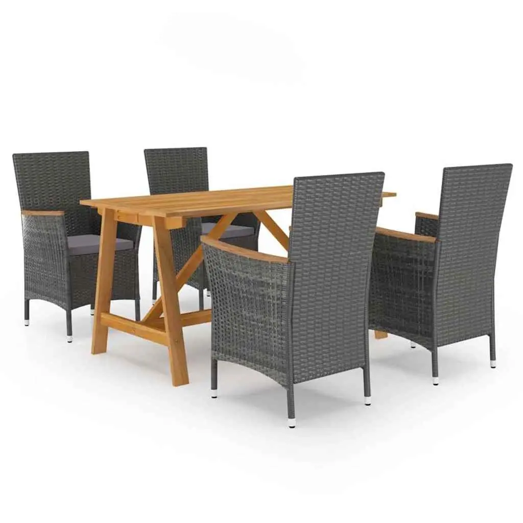 Grey Rattan Outdoor Dining Set 5 Piece with Ergonomic Chairs and Solid Acacia Wood Table