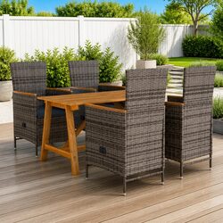 5 Piece Garden Dining Set Grey Acacia Wood Table Rattan Chairs Outdoor Furniture