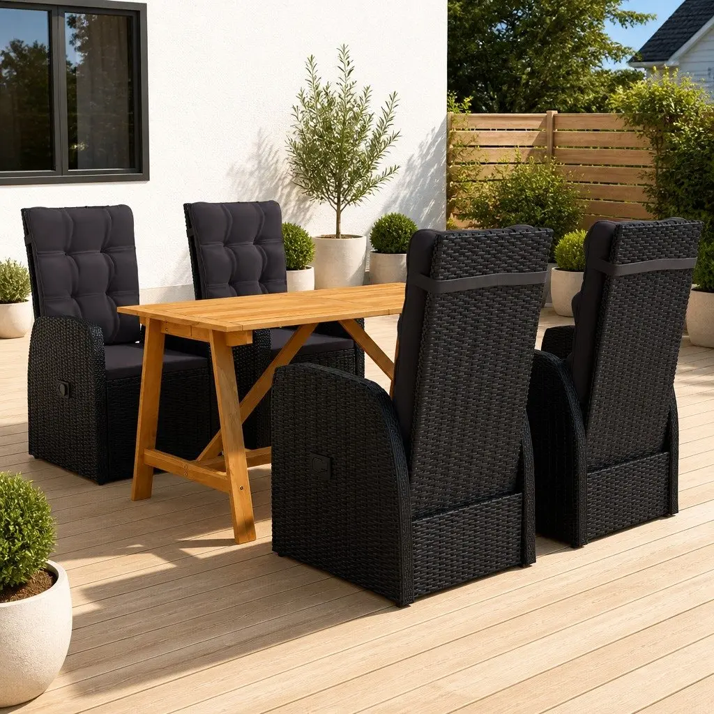5 Piece Garden Dining Set Black Rattan Outdoor Table Chairs Adjustable Backrest