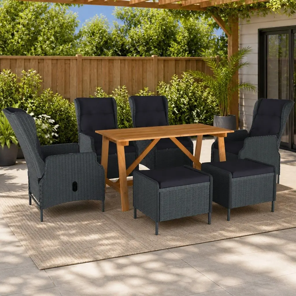 7 Piece Garden Dining Set Grey Solid Acacia Wood Table Powder-Coated Steel Frame Chairs and Stools PE Rattan Padded Cushions