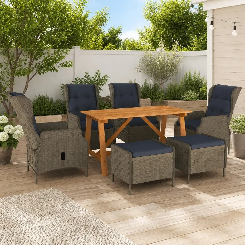 7 Piece Garden Dining Set Outdoor Table Chairs Stools Brown Acacia Wood Rattan
