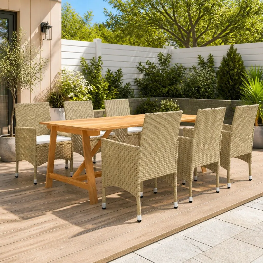 7 Piece Garden Dining Set Beige Outdoor Furniture Table Chairs Ergonomic Support