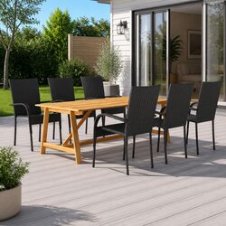 7 Piece Outdoor Dining Set Garden Table Chairs Acacia Wood Steel Rattan Black