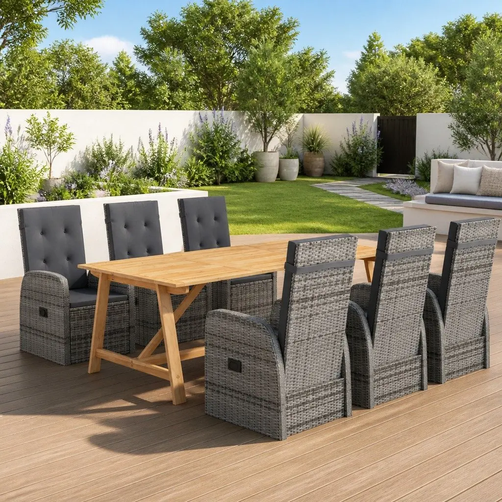 Garden Dining Set 7 Piece Outdoor Table Chairs Grey Rattan Acacia Wood