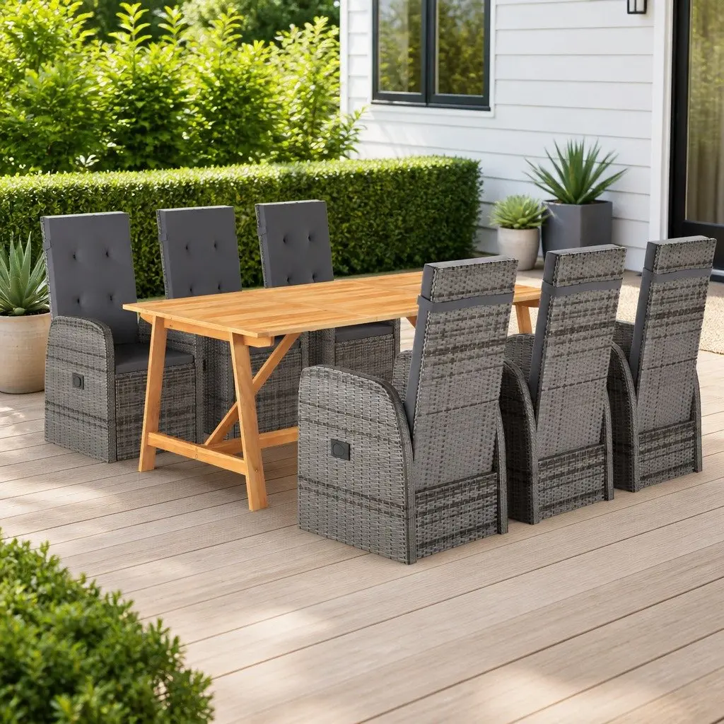 7 Piece Garden Dining Set Grey Weather Resistant Rattan Chairs with Adjustable Backrest and Cushions