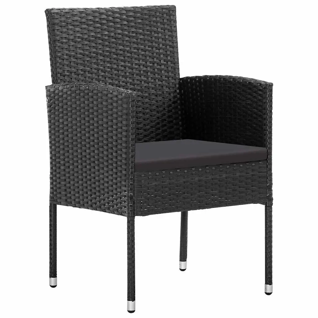 7 Piece Garden Dining Set Black Acacia Wood Steel Frame Rattan Chairs Cushions