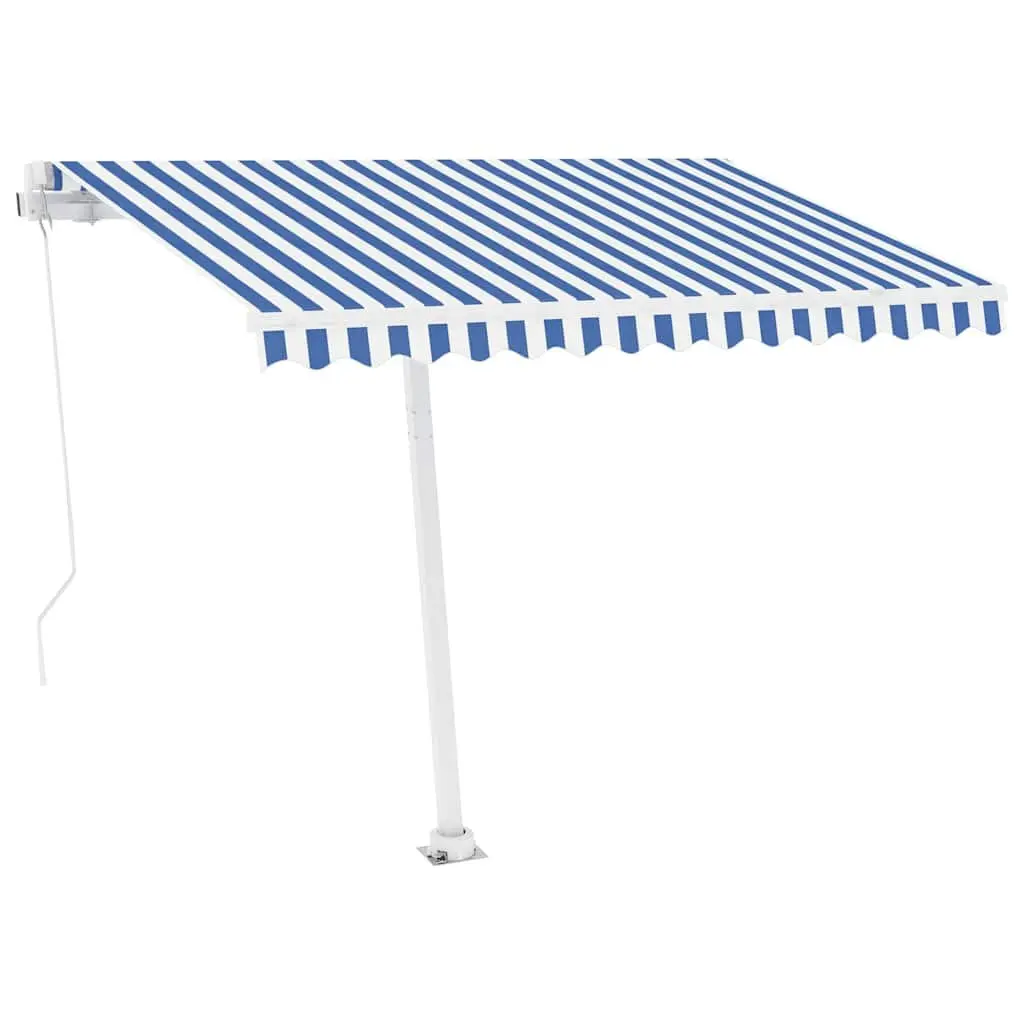 Freestanding Retractable Awning Blue 300x250 cm Manual Hand Crank Operation Adjustable Angle Height 360 Degree Rotating Base