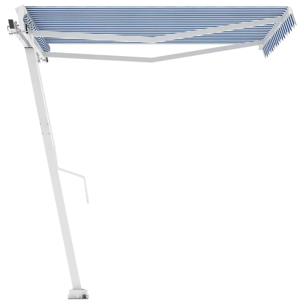 Freestanding Retractable Awning Blue 300x250 cm Manual Hand Crank Operation Adjustable Angle Height 360 Degree Rotating Base