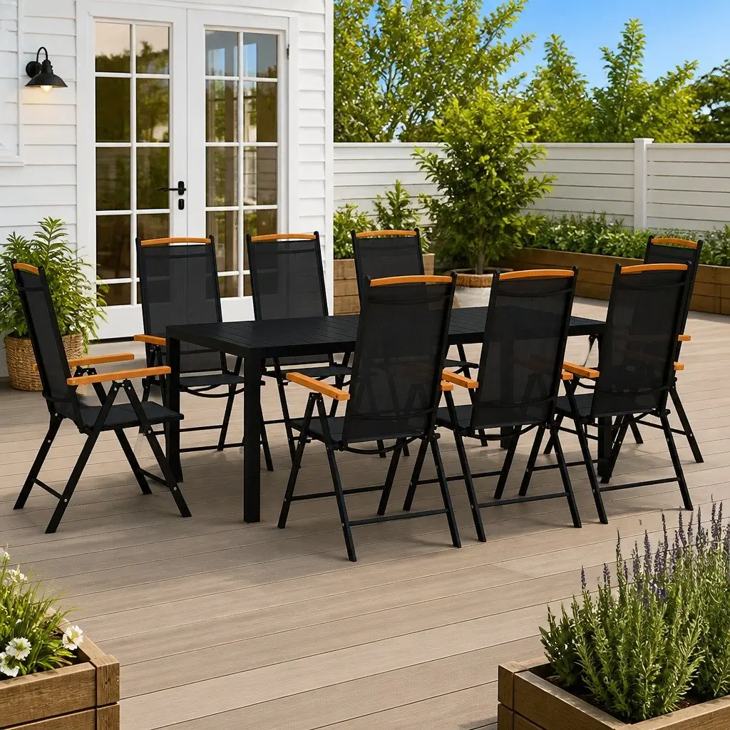 9 Piece Outdoor Dining Set Black Aluminium Garden Furniture Patio Table Chairs