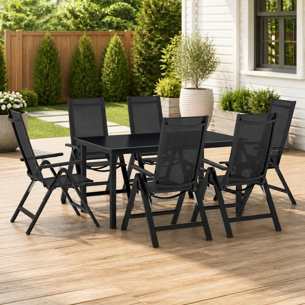 7 Piece Outdoor Dining Set Adjustable Chairs Glass Table Anthracite Aluminium Frame Garden Patio