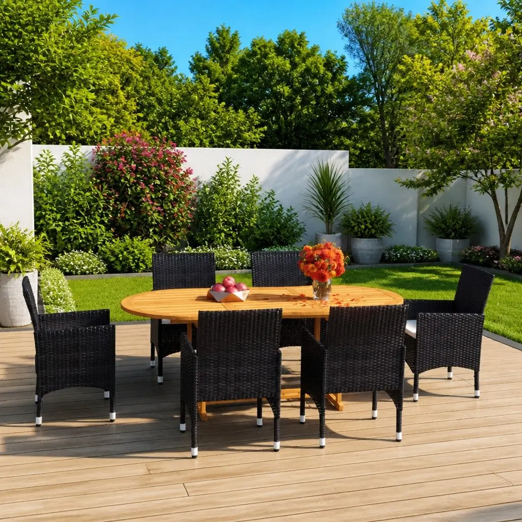 7 Piece Garden Dining Set Outdoor PE Rattan Steel Frame Acacia Wood Table Chairs