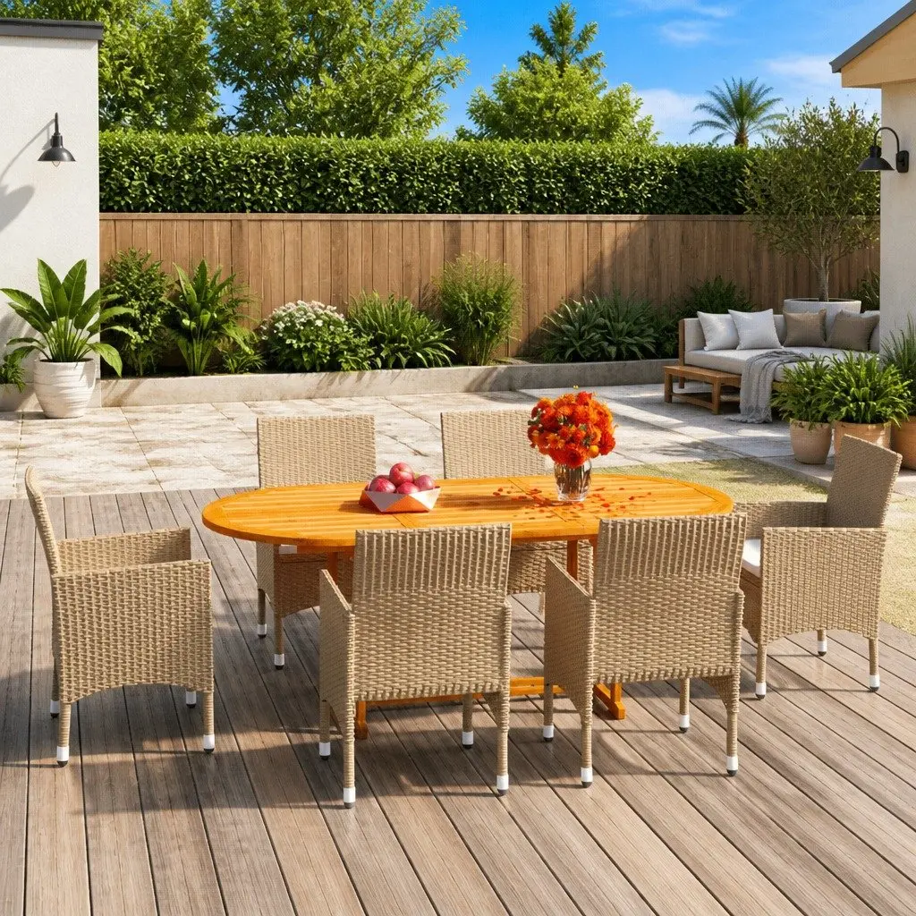 Garden Dining Set Beige 7 Piece Outdoor Table Chairs Poly Rattan
