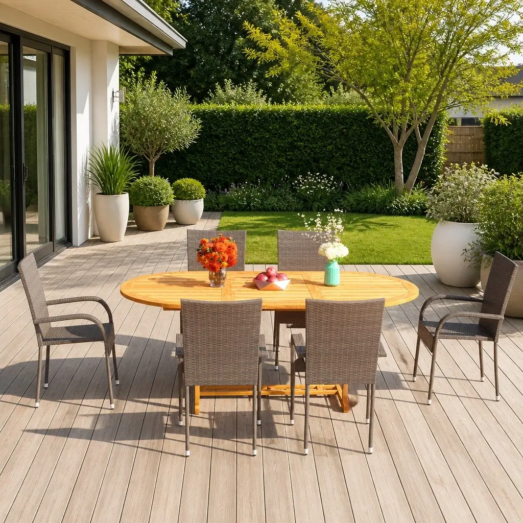 Garden Dining Set Brown 7 Piece Outdoor Table Chairs Solid Acacia Wood Steel Frame Weather-Resistant PE Rattan