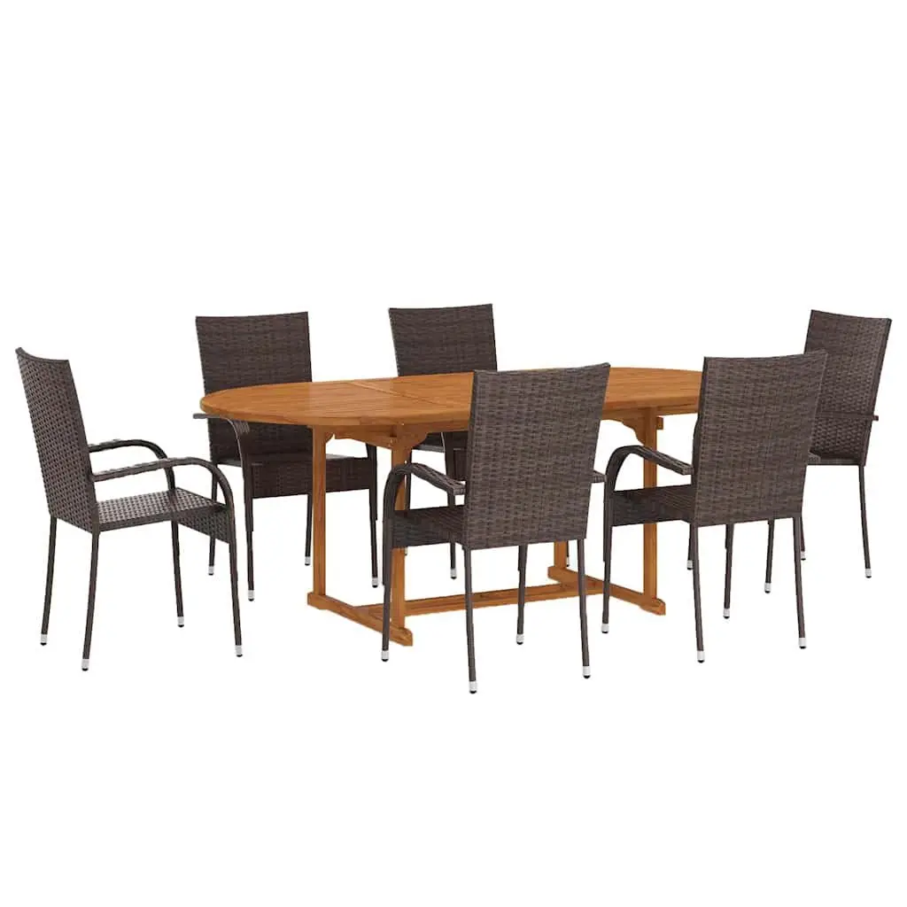 Garden Dining Set Brown 7 Piece Outdoor Table Chairs Solid Acacia Wood Steel Frame Weather-Resistant PE Rattan