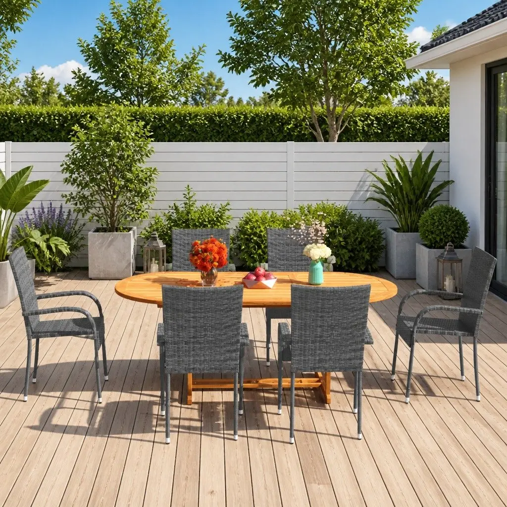 7 Piece Garden Dining Set Grey Outdoor Table Chairs Poly Rattan