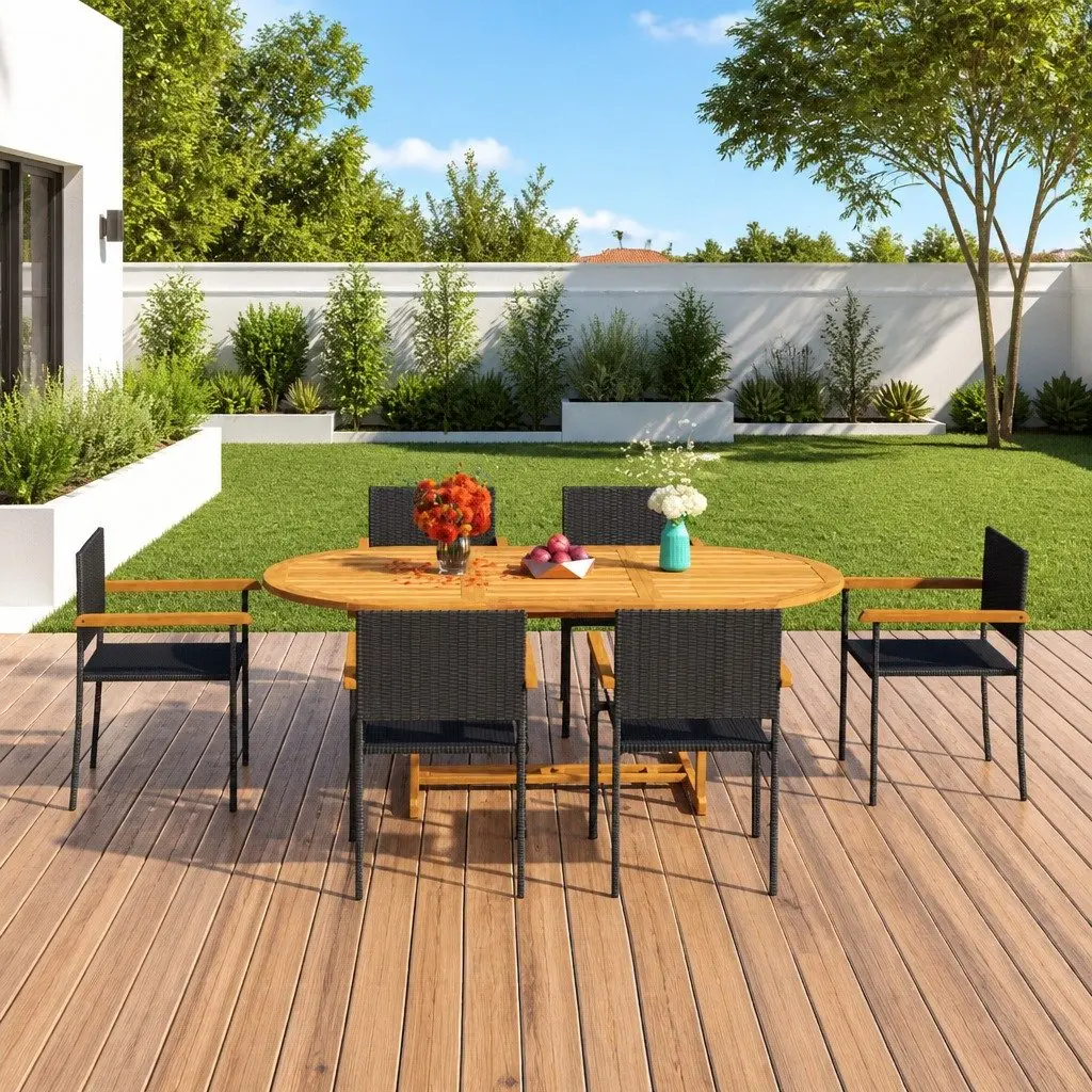 Garden Dining Set 7 Piece Outdoor Furniture Black Rattan Chairs Table Patio