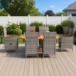 Outdoor Dining Set 7 Piece Garden Furniture Steel Frame PE Rattan Grey Chairs