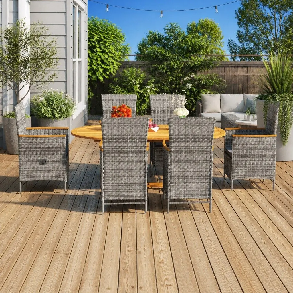 Garden Dining Set Grey 7 Piece Outdoor Furniture Solid Acacia Wood Steel Frame Weather Resistant PE Rattan Reclining Backrest Padded Cushions