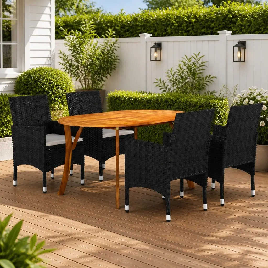 Garden Dining Set 5 Piece Outdoor Furniture Black Table Chairs Rattan Cushioned