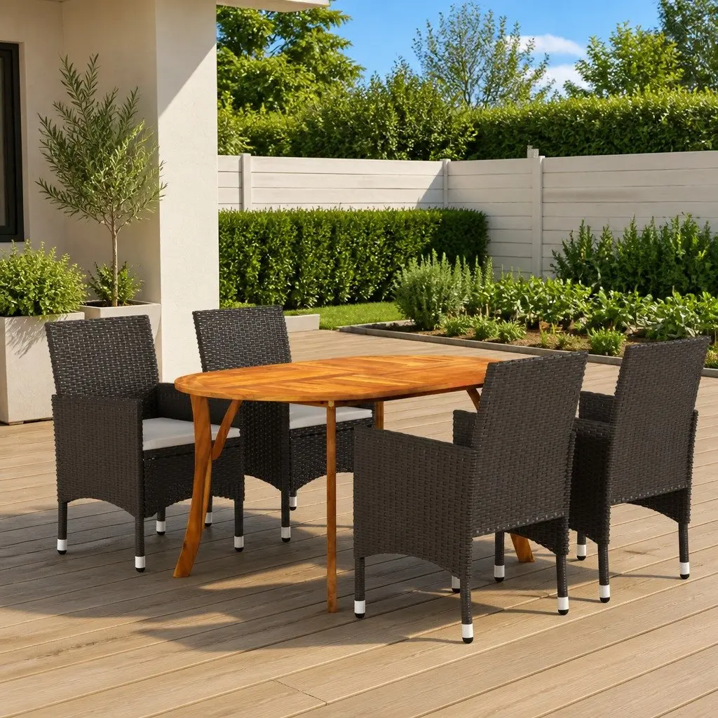 Outdoor Dining Set 5 Piece Brown Acacia Wood Table Rattan Chairs with Cushions