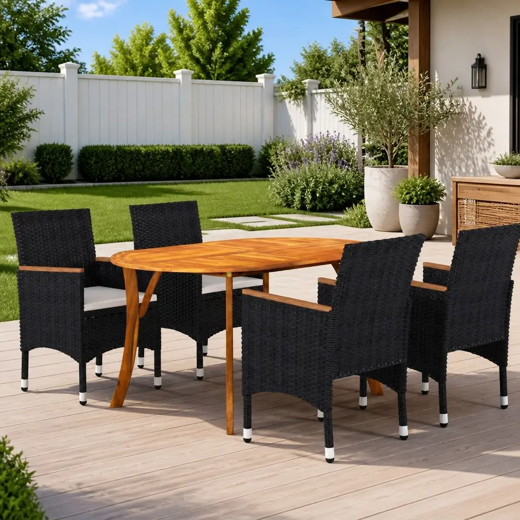 Garden Dining Set Black 5 Piece Outdoor Table Chairs Acacia Wood Steel Frame PE Rattan Padded Cushions