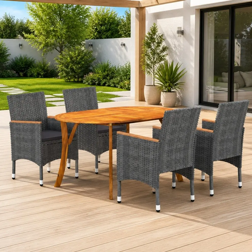 Garden Dining Set 5 Piece Outdoor Table Chairs Grey Rattan Cushioned