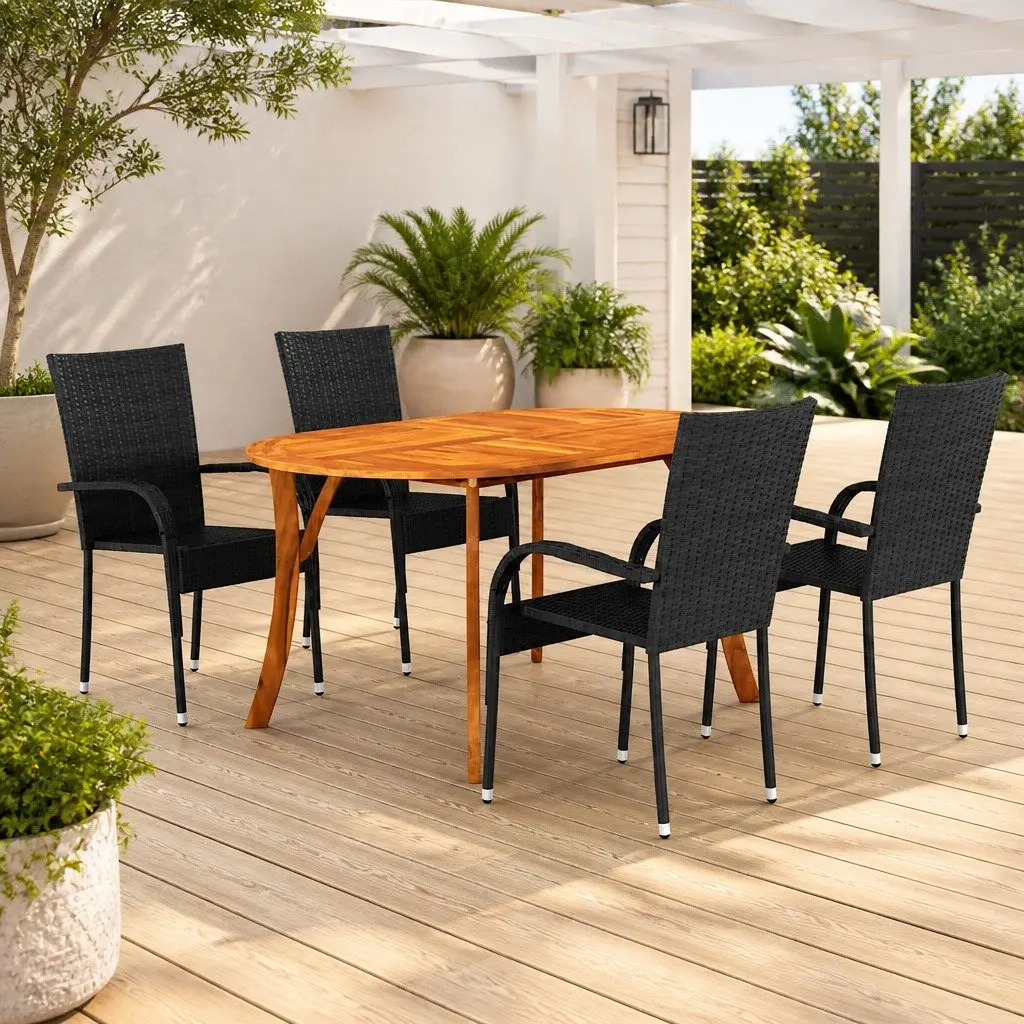 Garden Dining Set 5 Piece Outdoor Table Chairs Black Acacia Wood PE Rattan