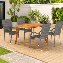 5 Piece Garden Dining Set Grey Acacia Wood Table Rattan Chairs Outdoor Furniture