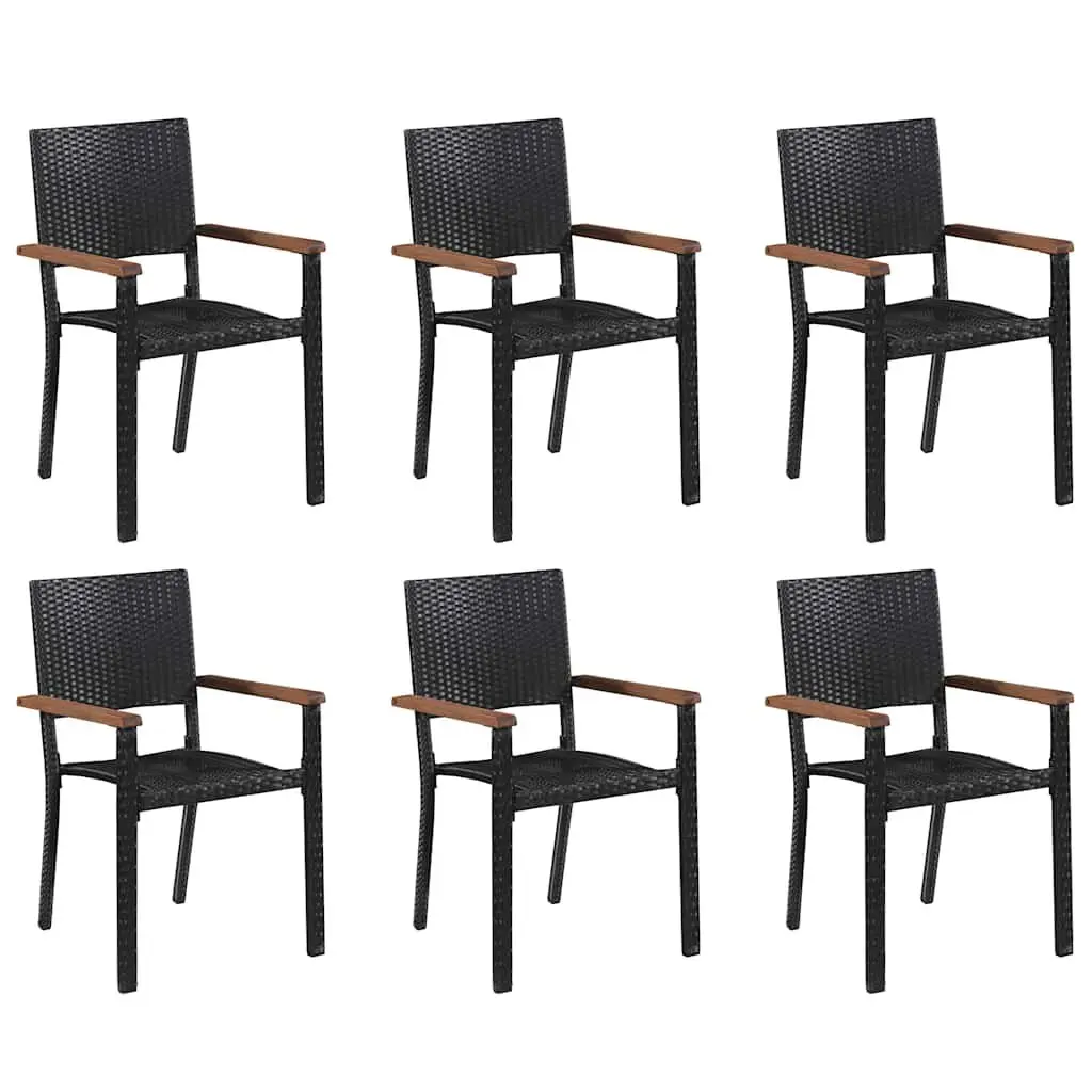 Outdoor Dining Set 7 Piece Black Acacia Wood Table with Steel Frame Chairs and PE Rattan