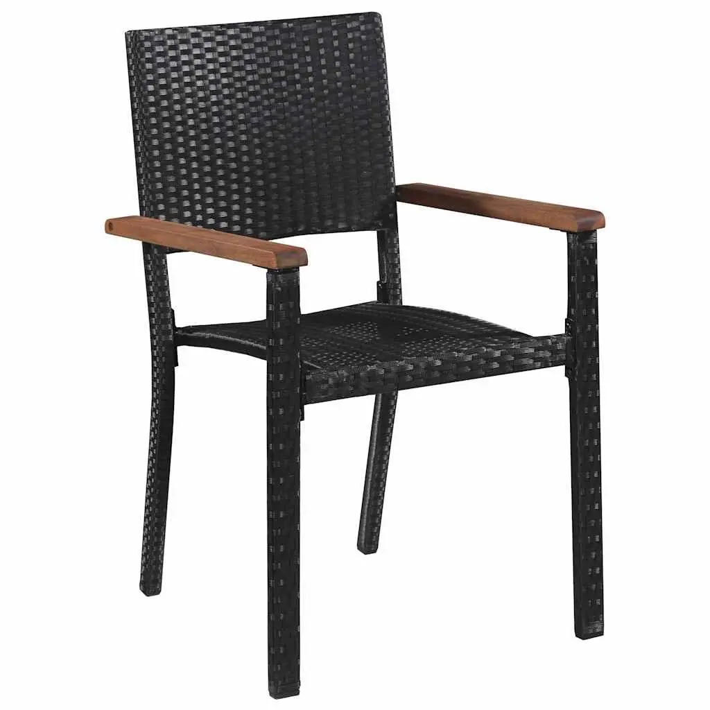 Outdoor Dining Set 7 Piece Black Acacia Wood Table with Steel Frame Chairs and PE Rattan
