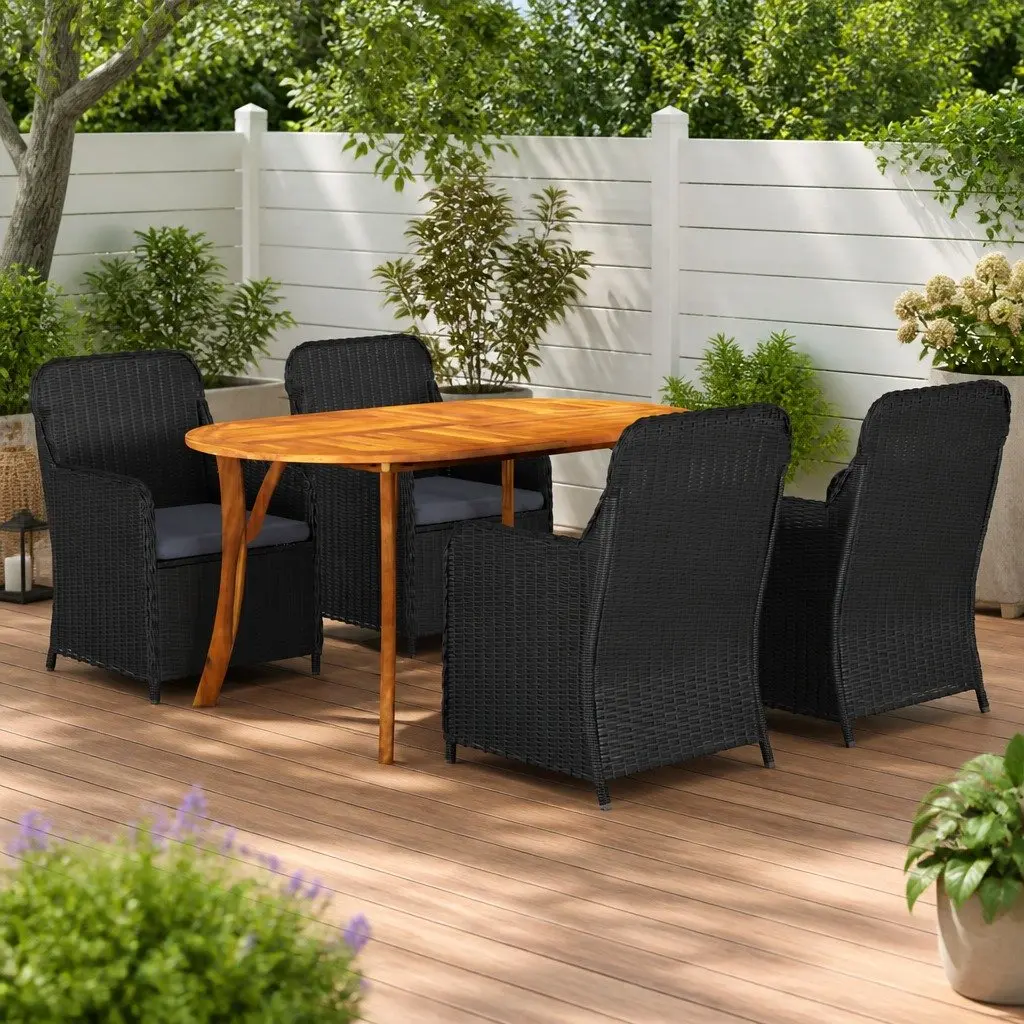 Garden Dining Set 5 Piece Outdoor Table Chairs Black Acacia Wood Rattan