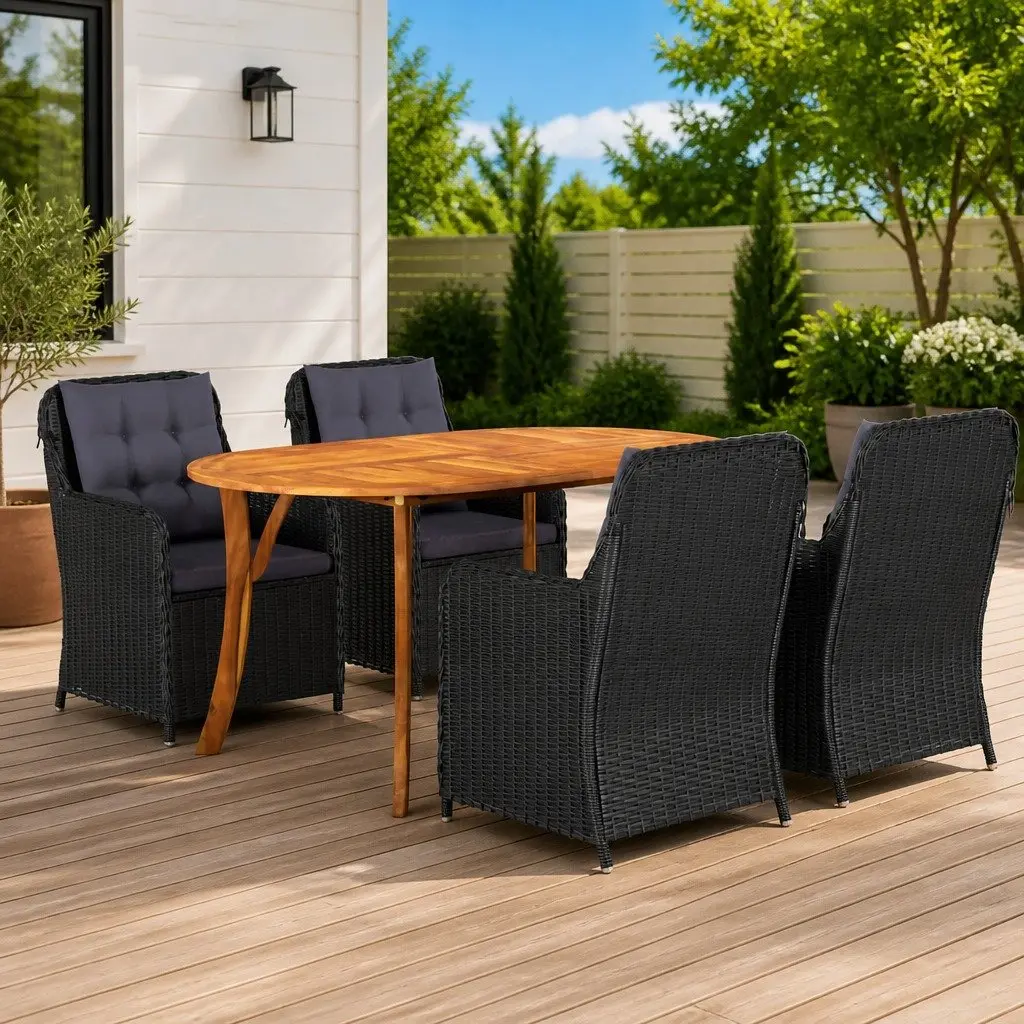 Garden Dining Set 5 Piece Outdoor Table Chairs Black Acacia Wood Rattan